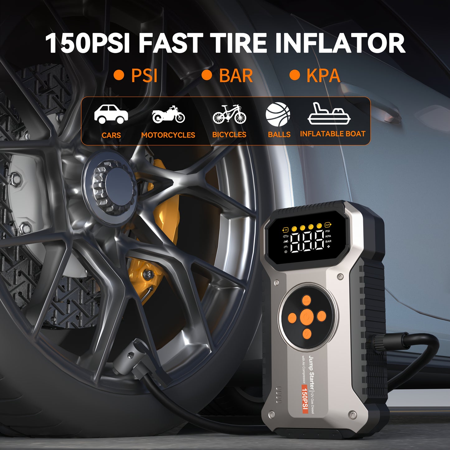 RoadRevive™ jump starter inflating car tire with digital display showing PSI, HighPeak emergency tire inflator in action
