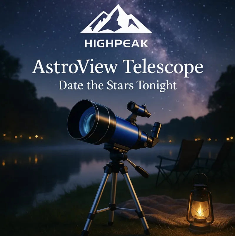 HighPeak AstroView Telescope in blue on tripod by a lake at night with starry sky and lantern glowing nearby
