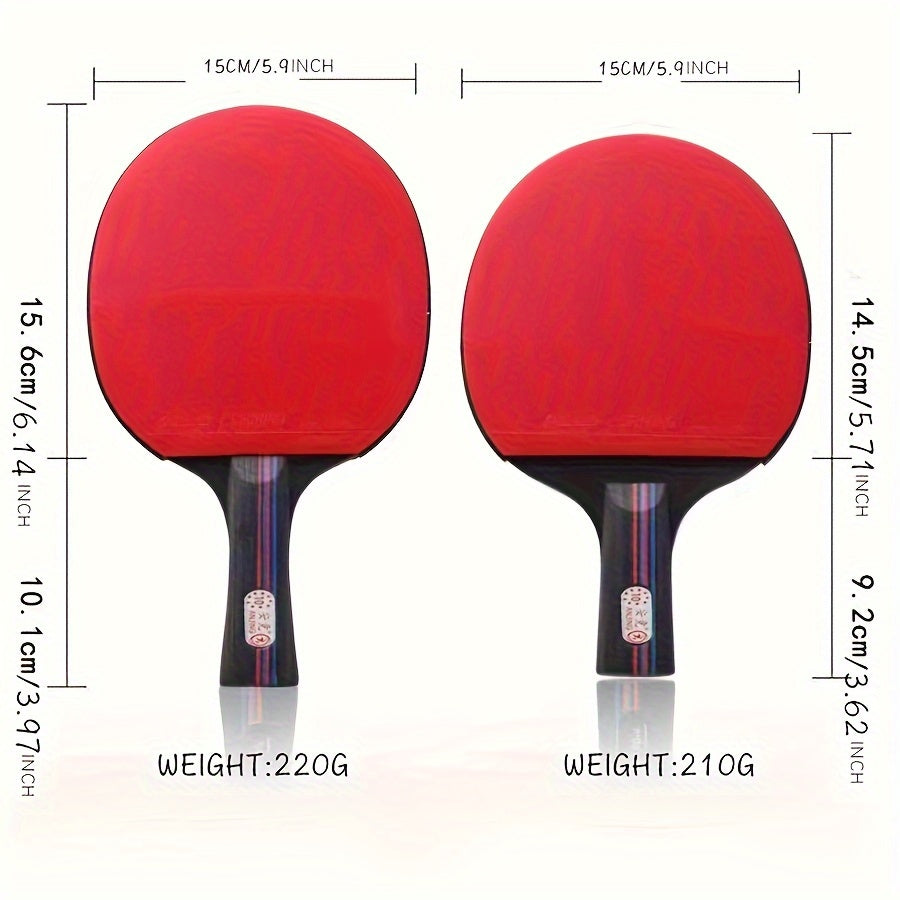 SmashPro™ Ping Pong Racket Set with red rubber, black handles, showing dimensions and weights for HighPeak table tennis play.