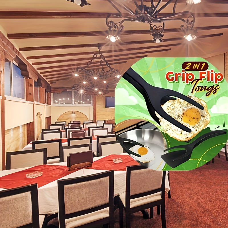 FlipGrip™ - 2 in 1 Spatula Tongs lifting a fried egg in a non-stick pan, showing grip and flip function.