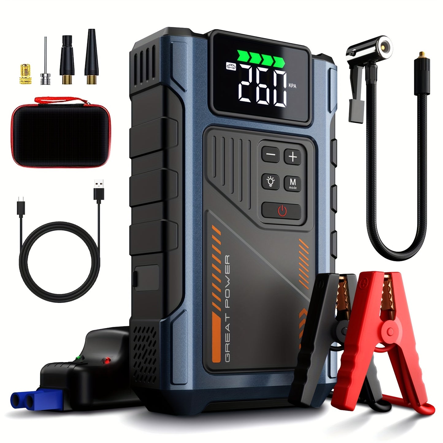 RoadRevive™ jump starter kit in black and blue with digital display, jumper cables, air compressor hose, and carrying case