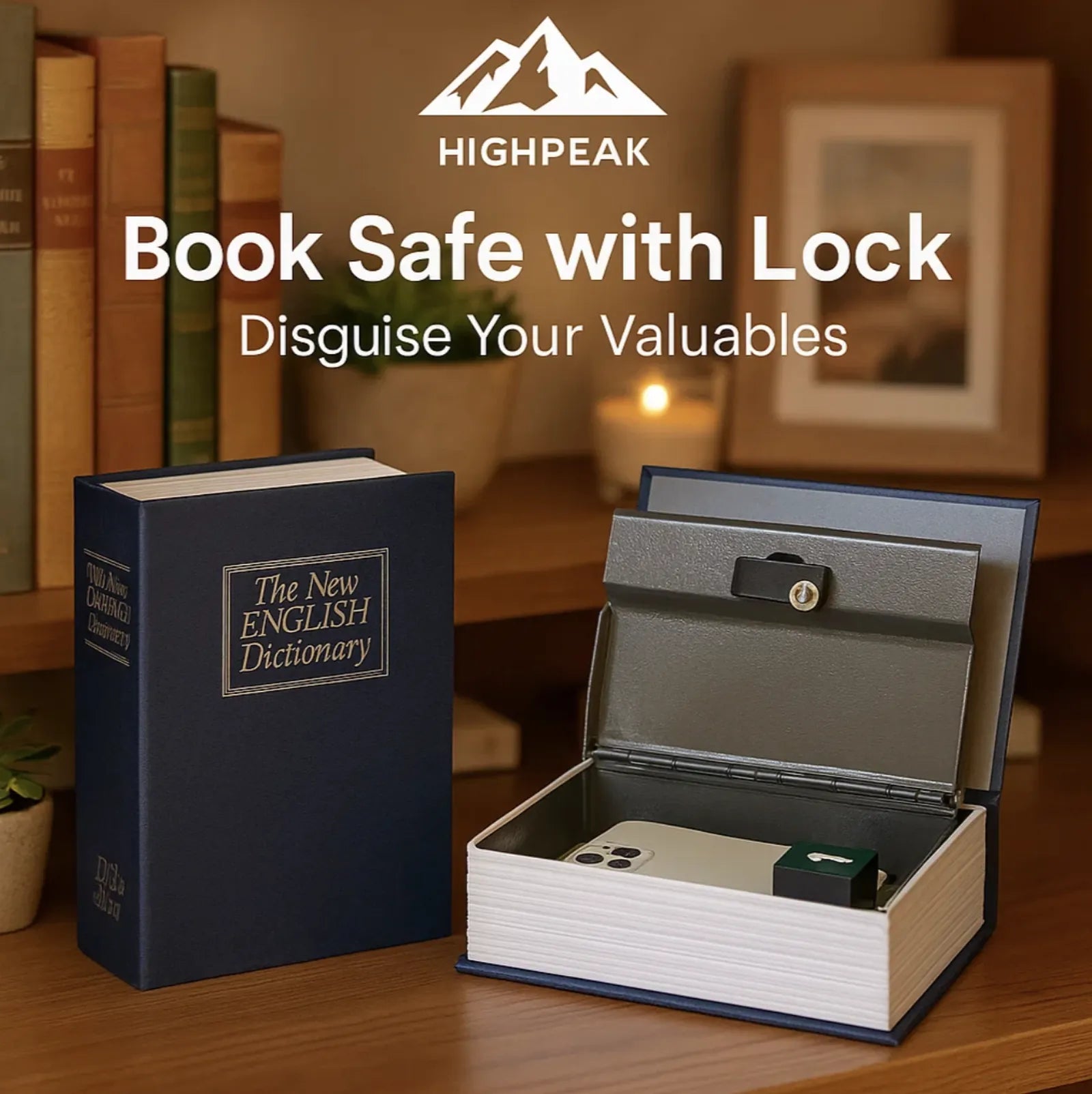 HighPeak Book Safe with Lock – Hidden Storage Fake Dictionary Box
