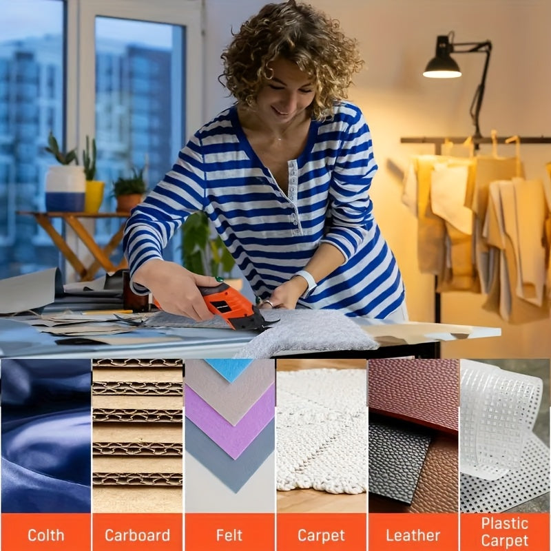 HighPeak Cordless Electric Scissors in use cutting fabric on a table with various material samples nearby