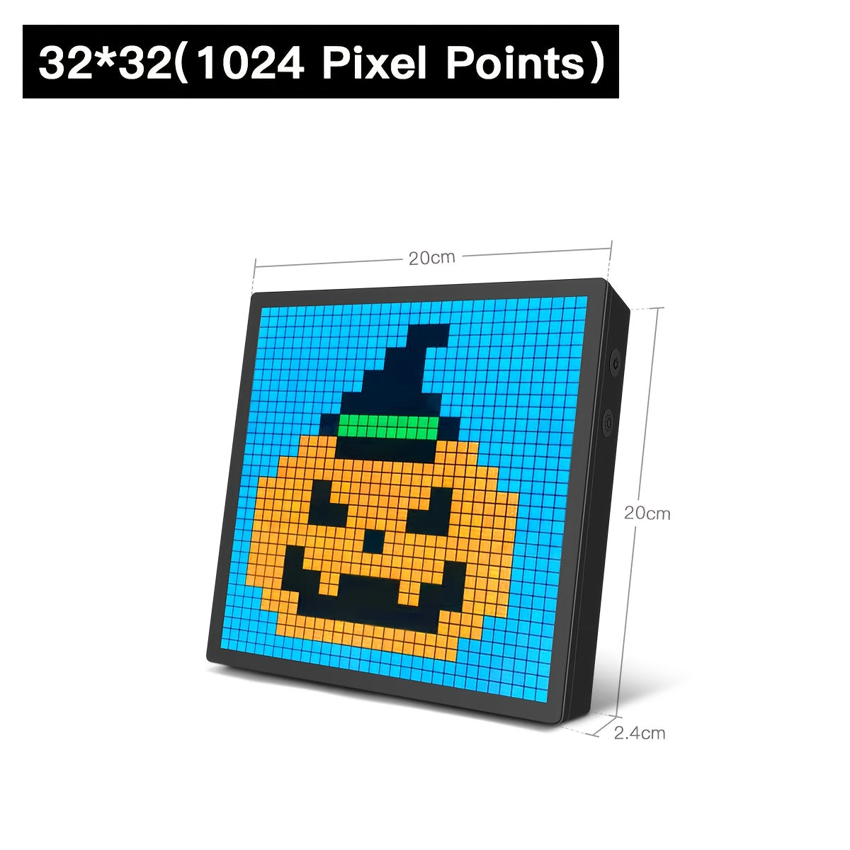 PixelPlay™ Smart LED Frame by HighPeak showing a pixel art pumpkin witch design in blue and orange, 20cm square.