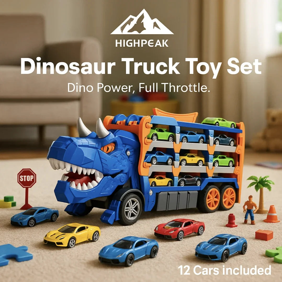 HighPeak Dinosaur Truck Toy Set – 12 Cars, Track & Launcher Gift