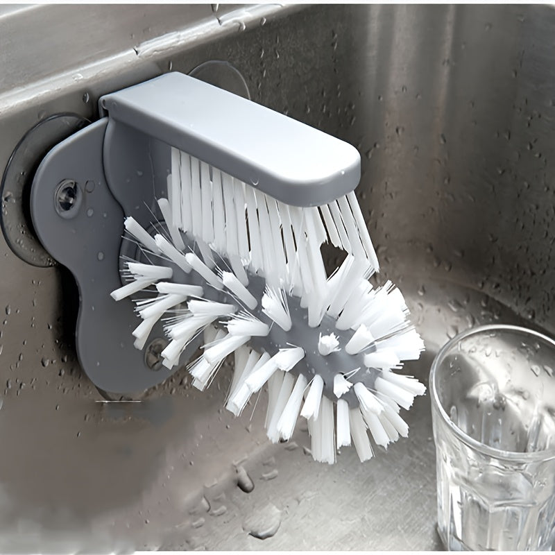 TwistClean™ - Cup & Glass Scrubber in gray mounted on sink wall with dual white brushes cleaning glass interior and exterior