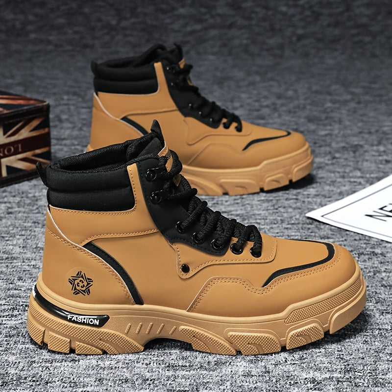 TrailForge⢠Boots in tan with black trim, lace-up high-tops featuring thick EVA soles for grip and all-day support