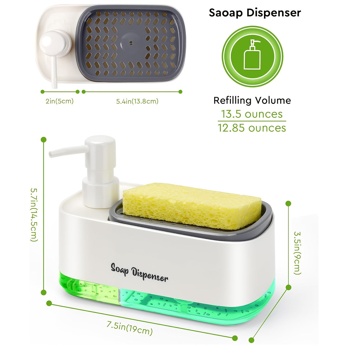 SoapMate™ manual soap dispenser and sponge holder in white and green, compact dual-chamber design for clean kitchen sinks.