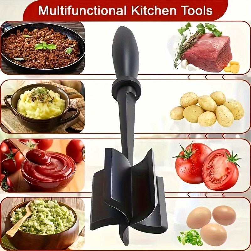 GrindGrip™ manual meat chopper with black handle breaking up ground beef, potatoes, tomatoes, and mashed foods – HighPeak quality