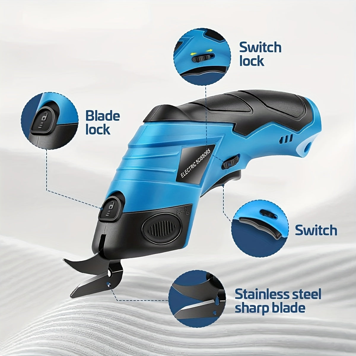 HighPeak Cordless Electric Scissors in blue and black with stainless steel blade and ergonomic grip showing lock switches and blade features