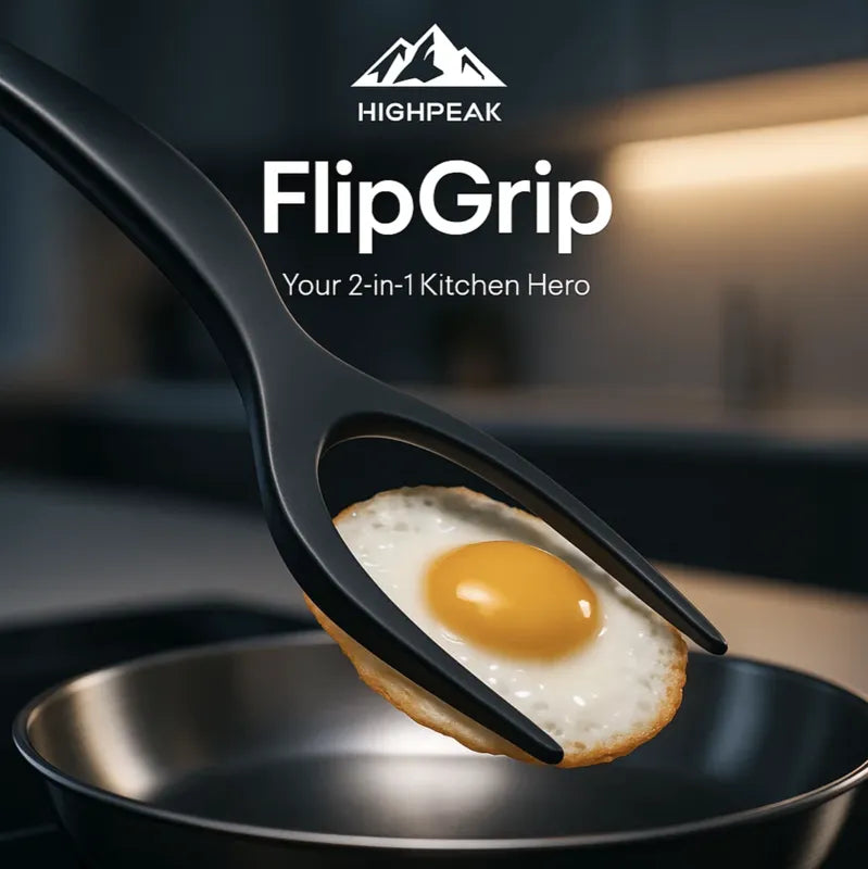 HighPeak FlipGrip™ 2 in 1 spatula tongs gripping a fried egg over a non-stick skillet in a modern kitchen