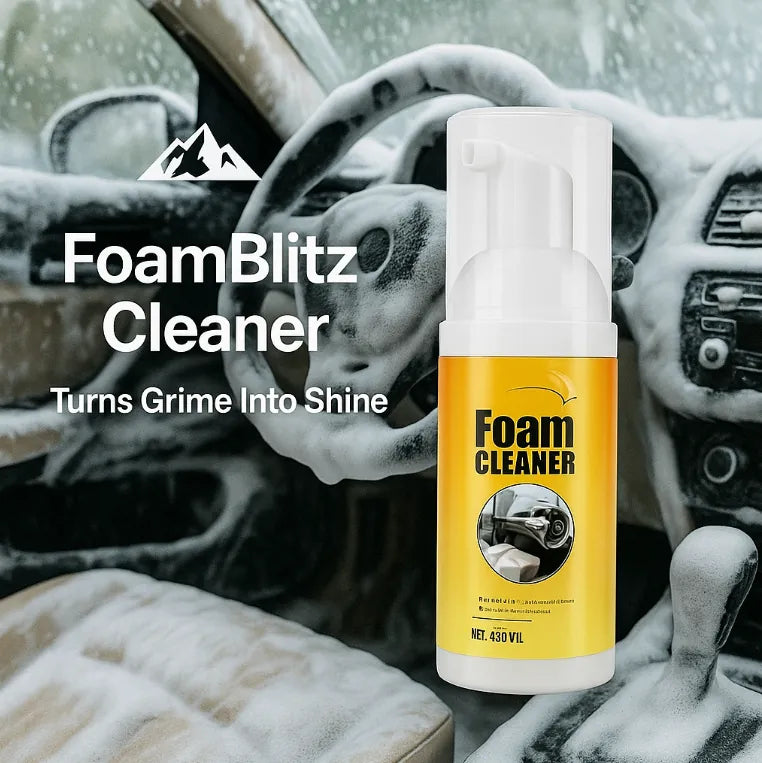 HighPeak FoamBlitz Cleaner foam spray bottle in car interior covered with thick white foam for deep cleaning.