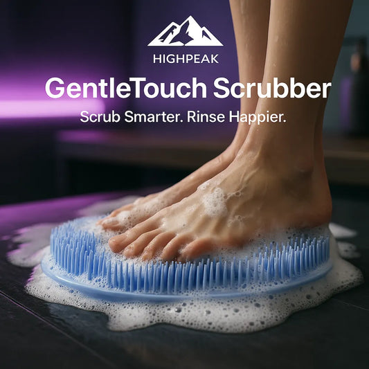 HighPeak GentleTouch Shower Scrubber in blue with soft silicone bristles exfoliating feet hands-free in a soapy shower.