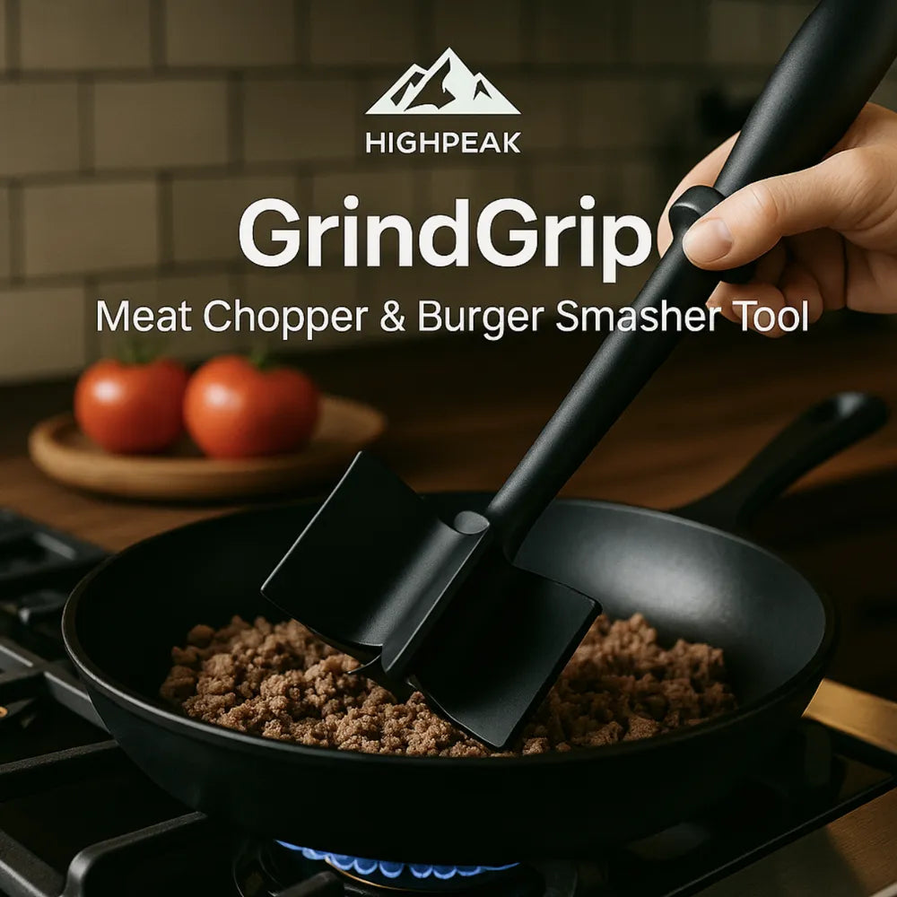 HighPeak GrindGrip™ black meat chopper and burger smasher tool breaking up ground beef in a skillet on stove