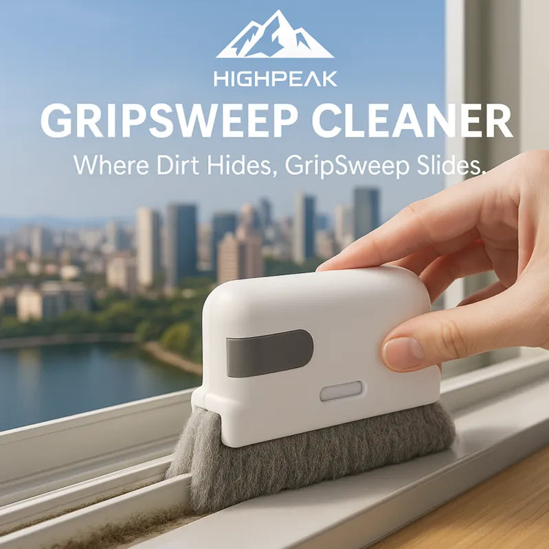 HighPeak GripSweep Cleaner in white with gray bristles cleaning window track, compact ergonomic crevice brush