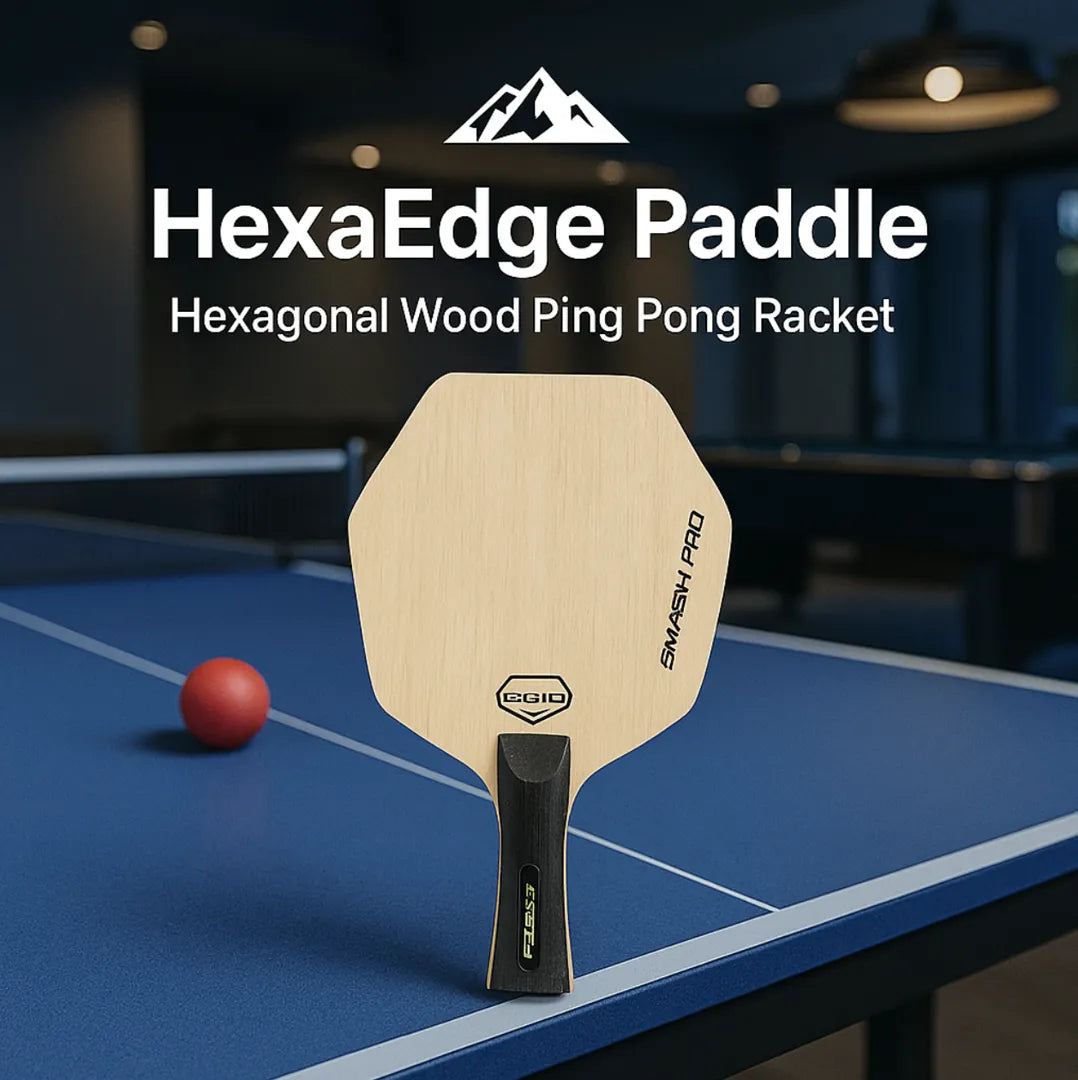 HexaEdge™ - Ping Pong Paddle hexagonal wood design on blue table with black handle by HighPeak in a modern indoor setting