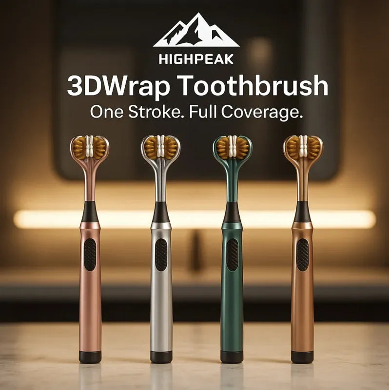 HighPeak 3DWrap Toothbrush in metallic bronze, silver, and green with triple-sided bristles for full tooth coverage