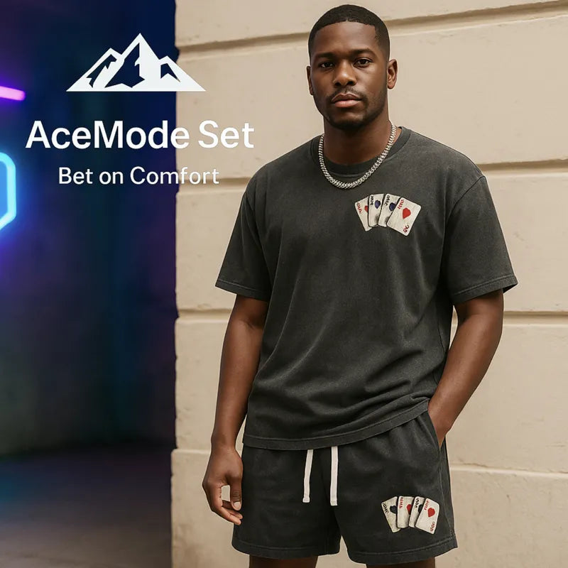 HighPeak AceMode Set in washed black cotton with card patch details worn by model against urban wall background