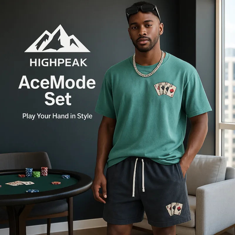 HighPeak AceMode Set in green and black with card patch details worn indoors by a male model for streetwear style
