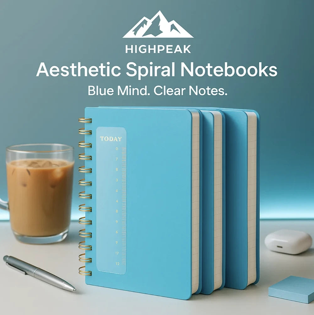 HighPeak Aesthetic Spiral Notebooks in blue with gold spiral, laid out on desk with pen, iced coffee, and earphones nearby