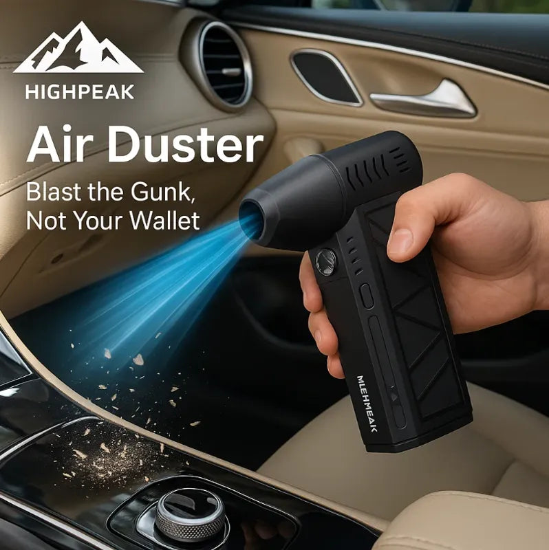 HighPeak Compressed Air Duster in black used to clean car interior vents and console with powerful air blast