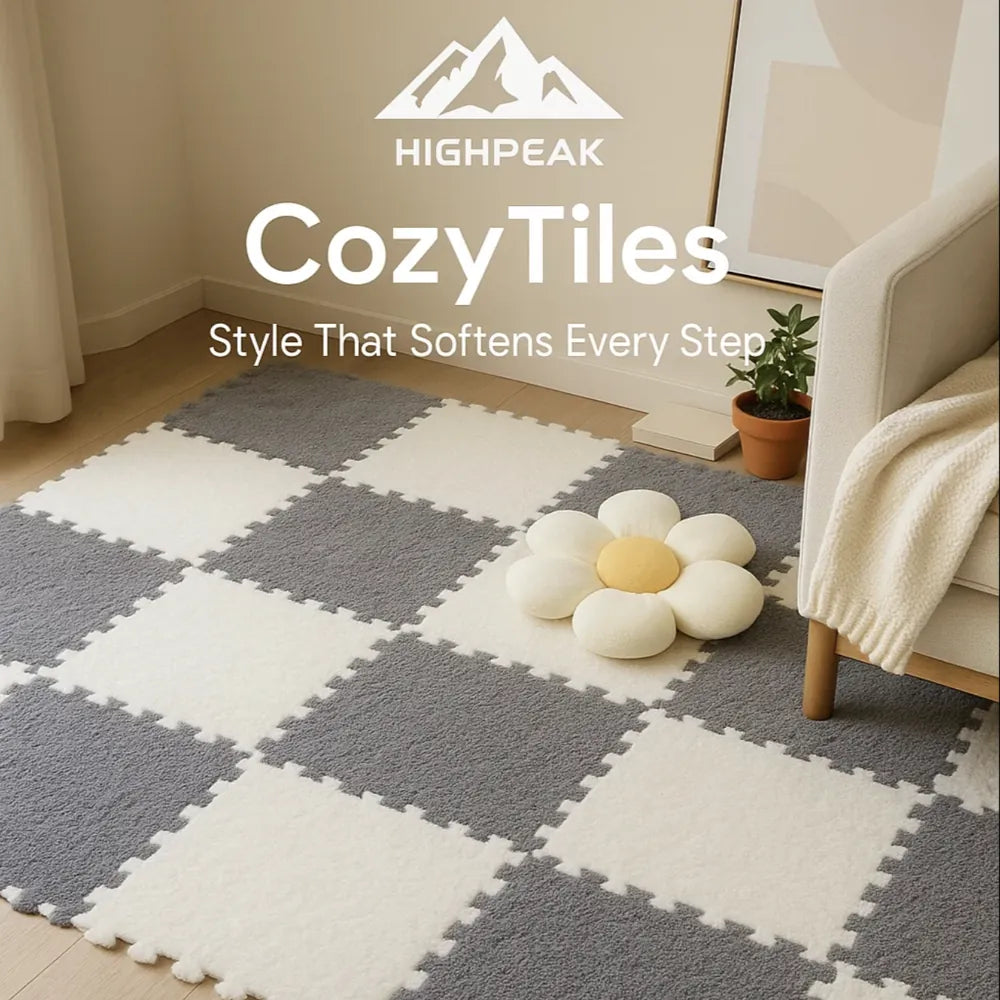 HighPeak CozyTiles™ 24pc mat set in gray and white, soft interlocking floor tiles in a cozy living room setting