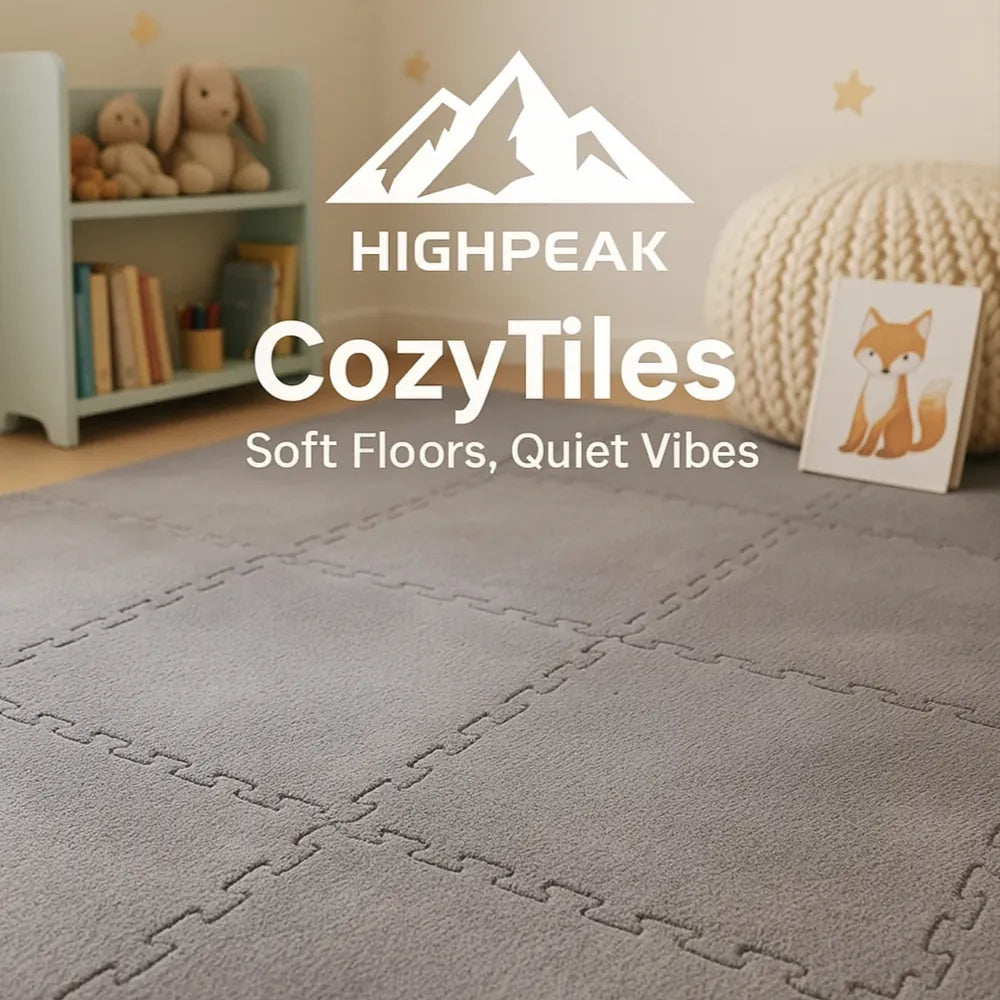 HighPeak CozyTiles™ 24pc mat set in gray installed in a cozy kids’ room with plush, soft floors and quiet vibes