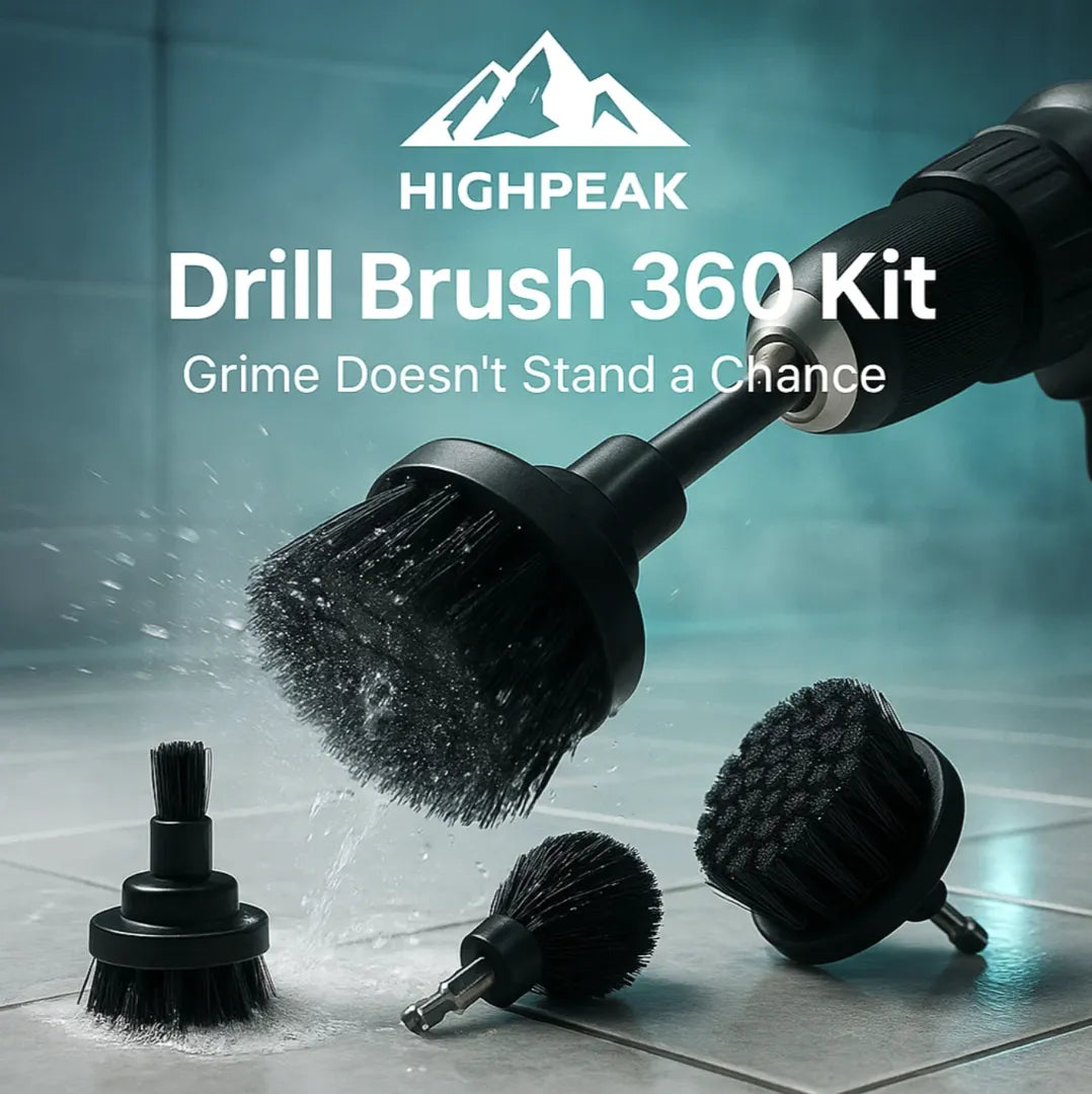 HighPeak Drill Brush 360 Kit with black brush heads on tiles, designed for deep cleaning with drill attachment.