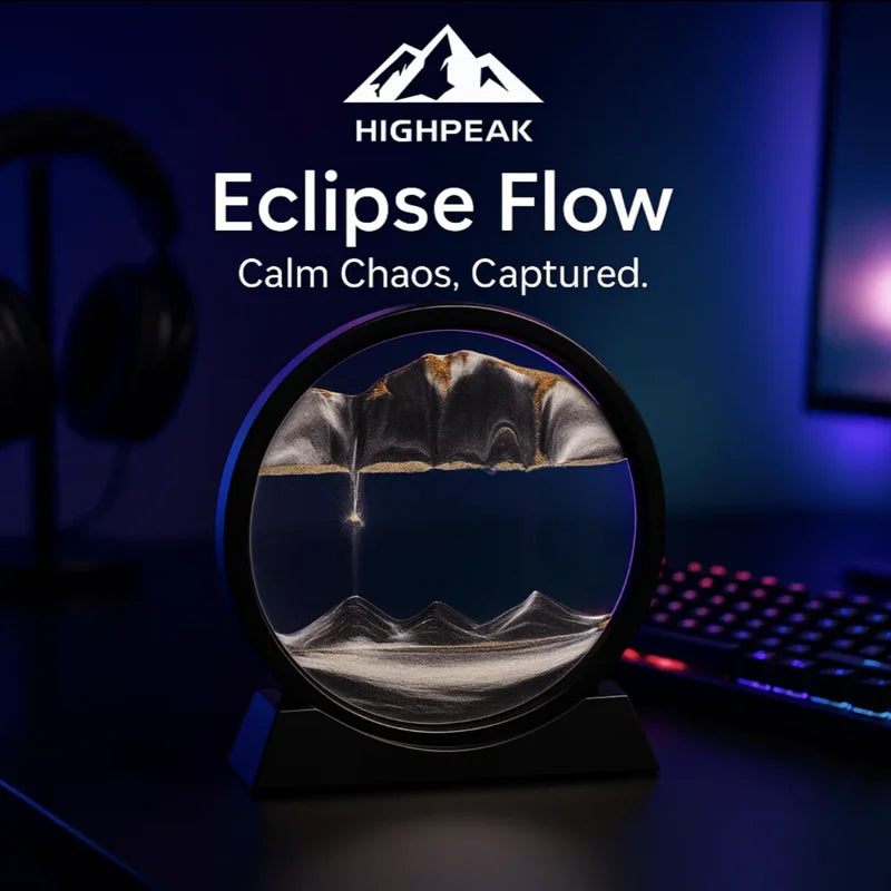 HighPeak Eclipse Flow™ Dynamic Sand Art in black frame with silver sand on a dark desk near a keyboard and headphones