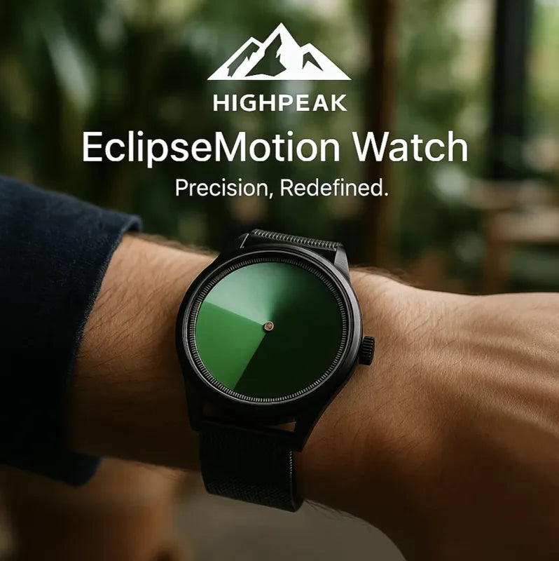 HighPeak EclipseMotion™ watch with green gradient dial and black strap on wrist, sleek futuristic timepiece design