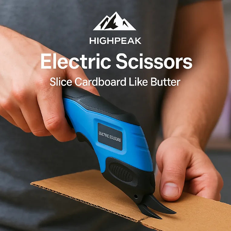HighPeak Cordless Electric Scissors in blue and black cutting cardboard smoothly with ergonomic grip in use