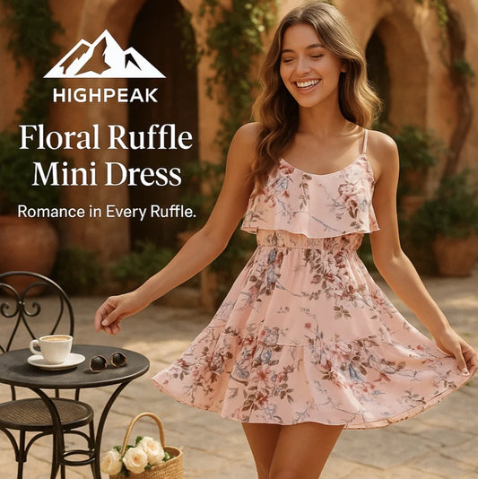HighPeak Floral Ruffle Mini Dress in blush pink with floral print, ruffled details, modeled outdoors with a sunny background