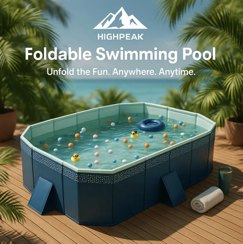 HighPeak Foldable Swimming Pool in blue with tough panels filled with water and toys on wooden deck outdoors