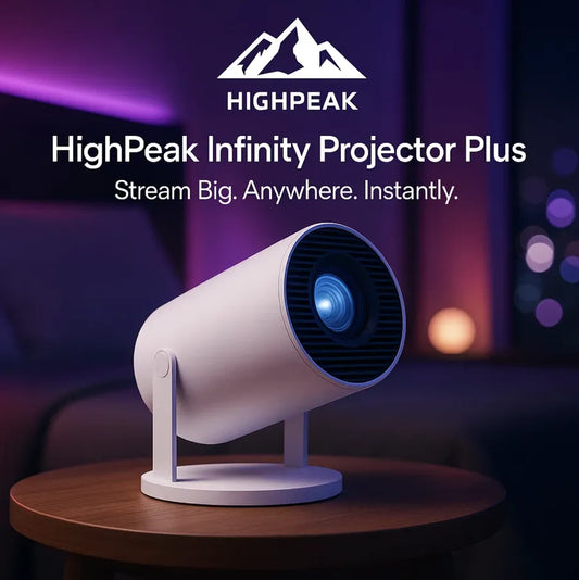 HighPeak Infinity Projector Plus in white on wooden table, projecting vibrant 1080p image in cozy living room setting