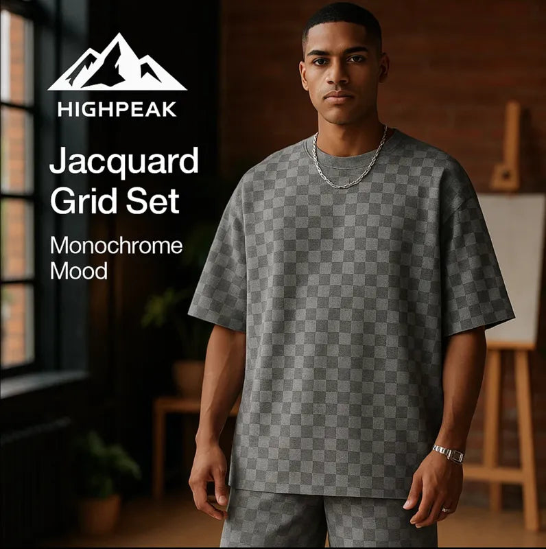 HighPeak Jacquard Grid Set in monochrome with textured grid pattern worn by model in modern indoor setting