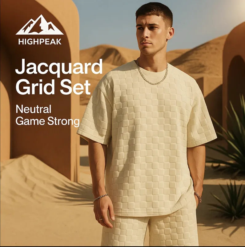 HighPeak Jacquard Grid Set in neutral beige with 3D woven texture, casual streetwear in a desert backdrop.