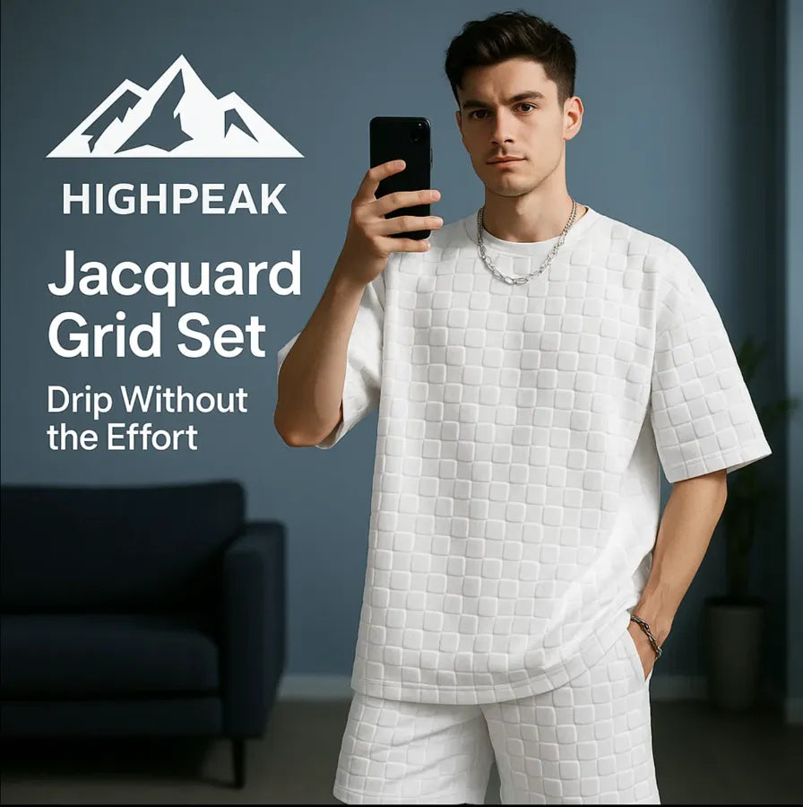 HighPeak Jacquard Grid Set in white with 3D woven texture, street-style tee and shorts combo modeled indoors