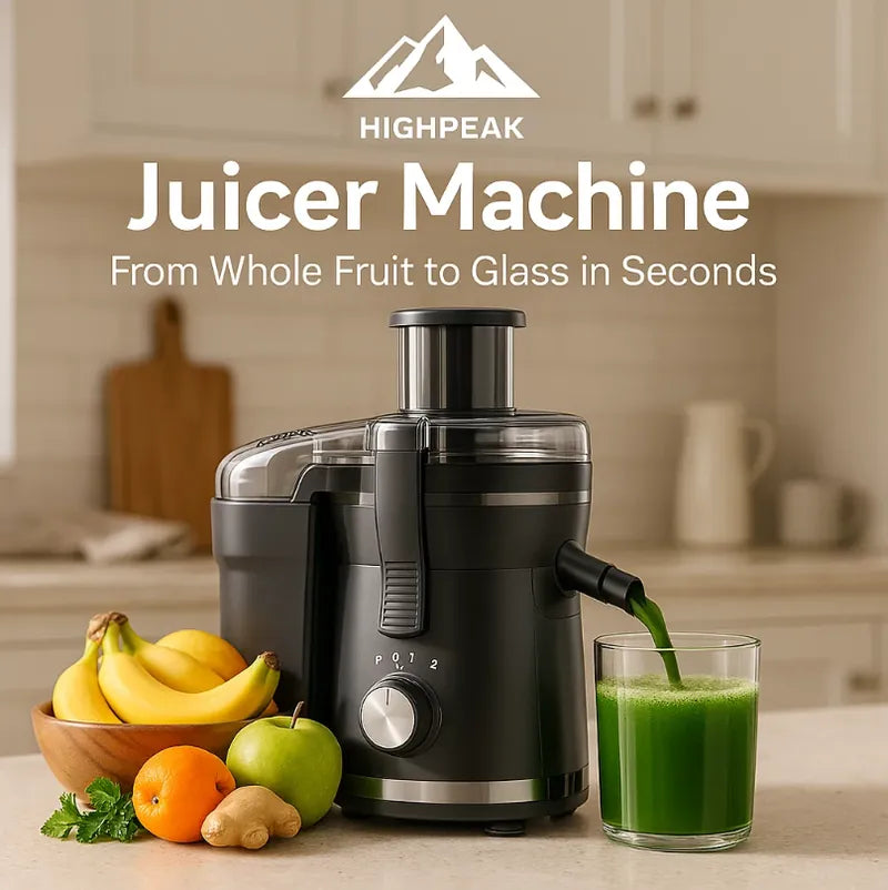 HighPeak Juicer Machine in black with wide chute juicing green vegetable juice in modern kitchen setting
