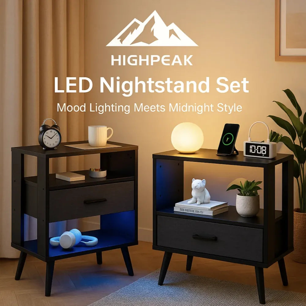 HighPeak Custom LED Nightstands set of 2 in black with adjustable blue LED lighting and modern mid-century legs