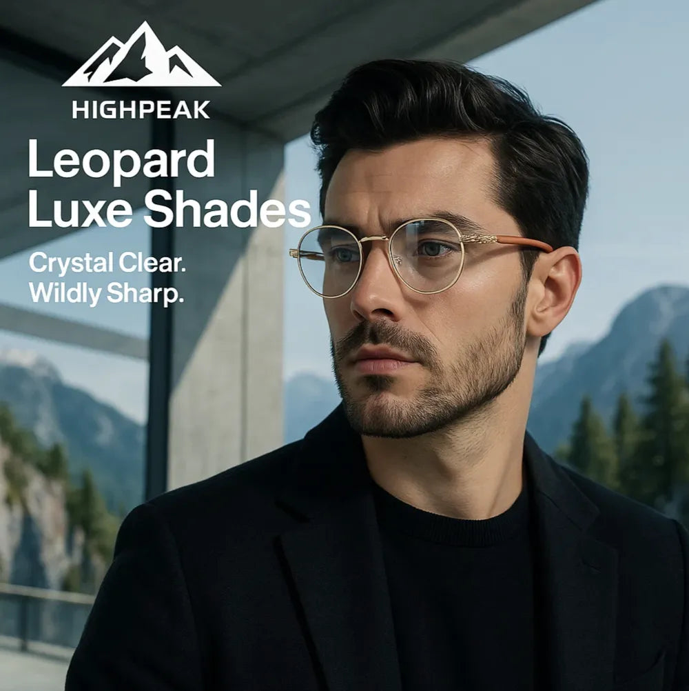 HighPeak Leopard Luxe Shades with gold leopard hinges worn by man outdoors with mountain background, stylish clear lenses