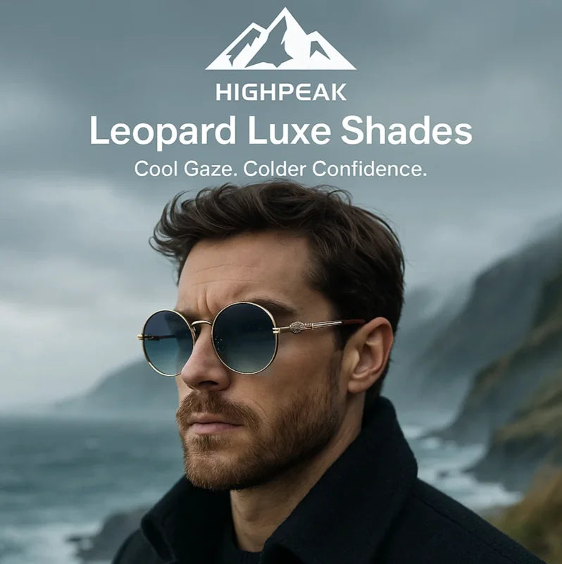 HighPeak Leopard Luxe Shades with gold leopard hinges and gradient lenses worn by man near misty coastal cliffs