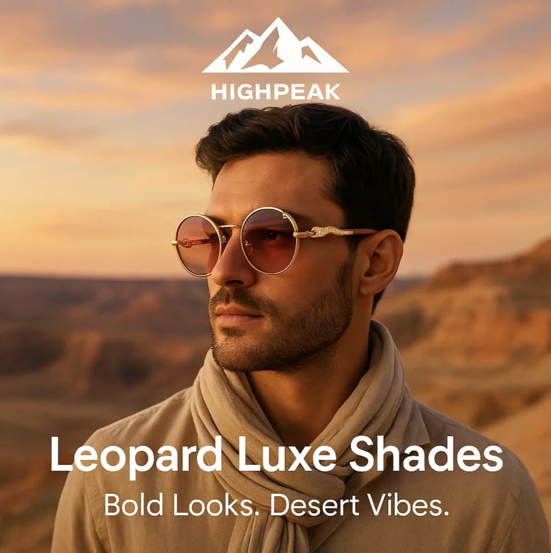 HighPeak Leopard Luxe Shades with gold leopard hinges and gradient lenses worn in a desert setting at sunset