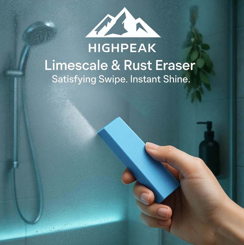 HighPeak Rust & Limescale Cleaning Eraser in blue being used to clear water spots on a glass shower door