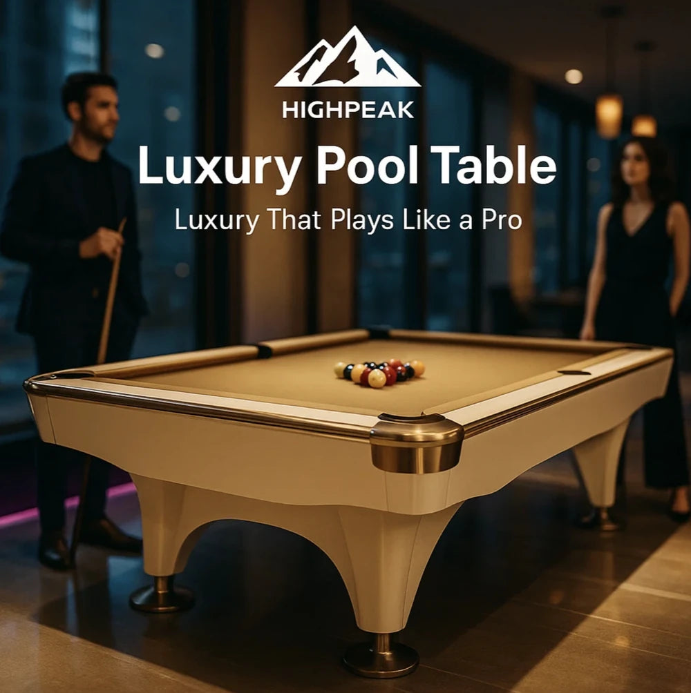 HighPeak Luxury American Pool Table with white and gold finish in modern game room setting ready for pro play