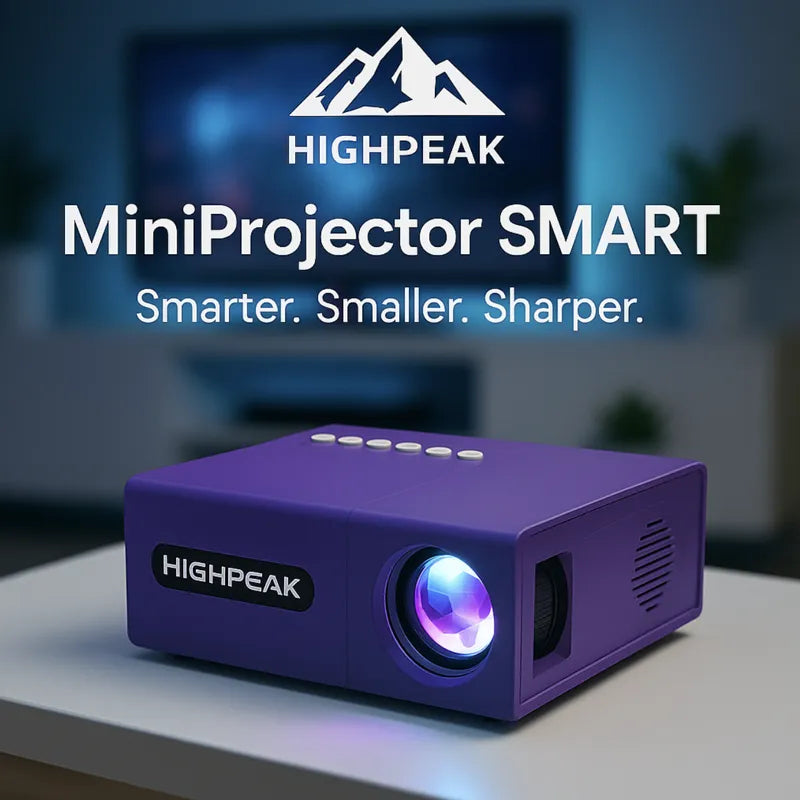 HighPeak MiniProjector SMART in purple with bright lens light, showcasing compact smart projector for portable entertainment.