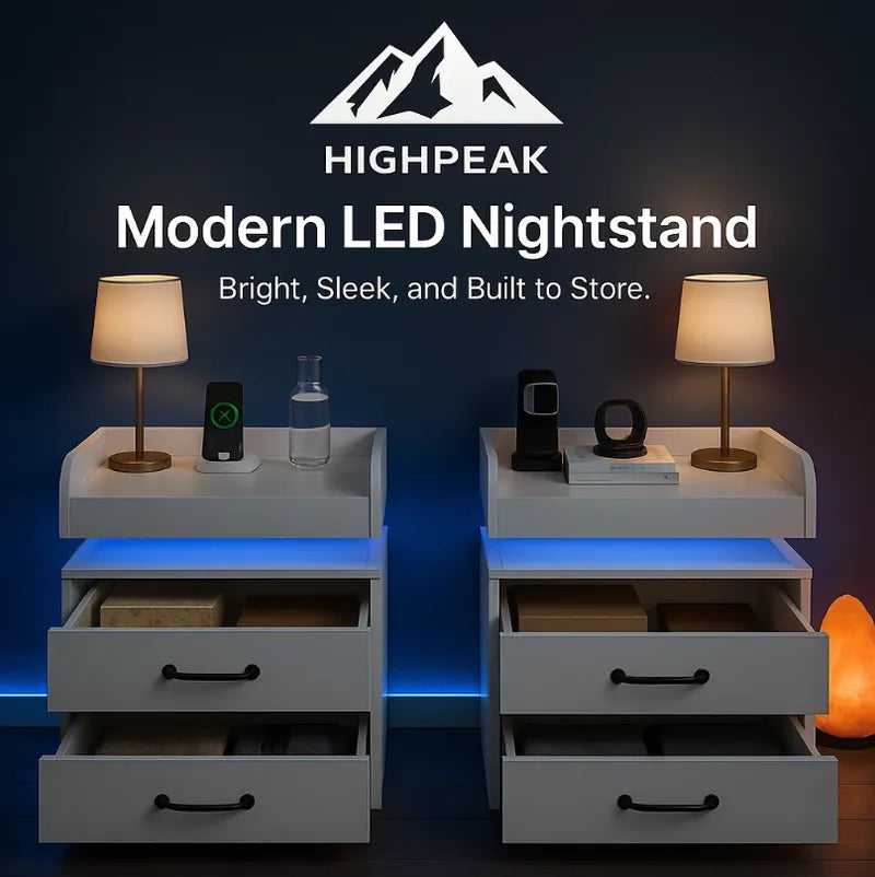 HighPeak Modern LED Nightstand in white with blue LED glow, dual drawers, and night lamps on top in bedroom setting