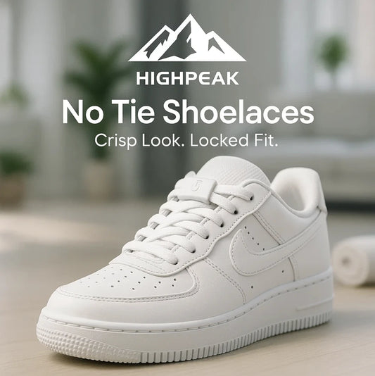 HighPeak No Tie Shoelaces in white on a white sneaker showing crisp look and secure locked fit.