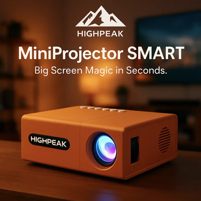 HighPeak MiniProjector SMART Series I & II in orange showcasing compact design and vibrant projection in a cozy room setting
