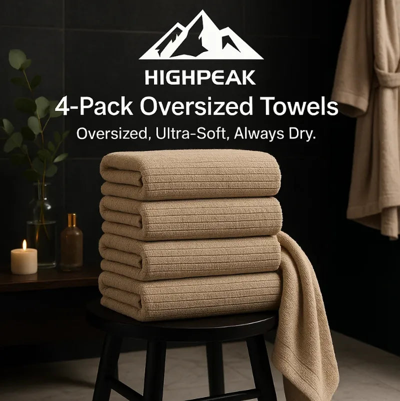 HighPeak 4-Pack Oversized Towels in beige microfiber stacked on black stool in elegant spa-like bathroom setting