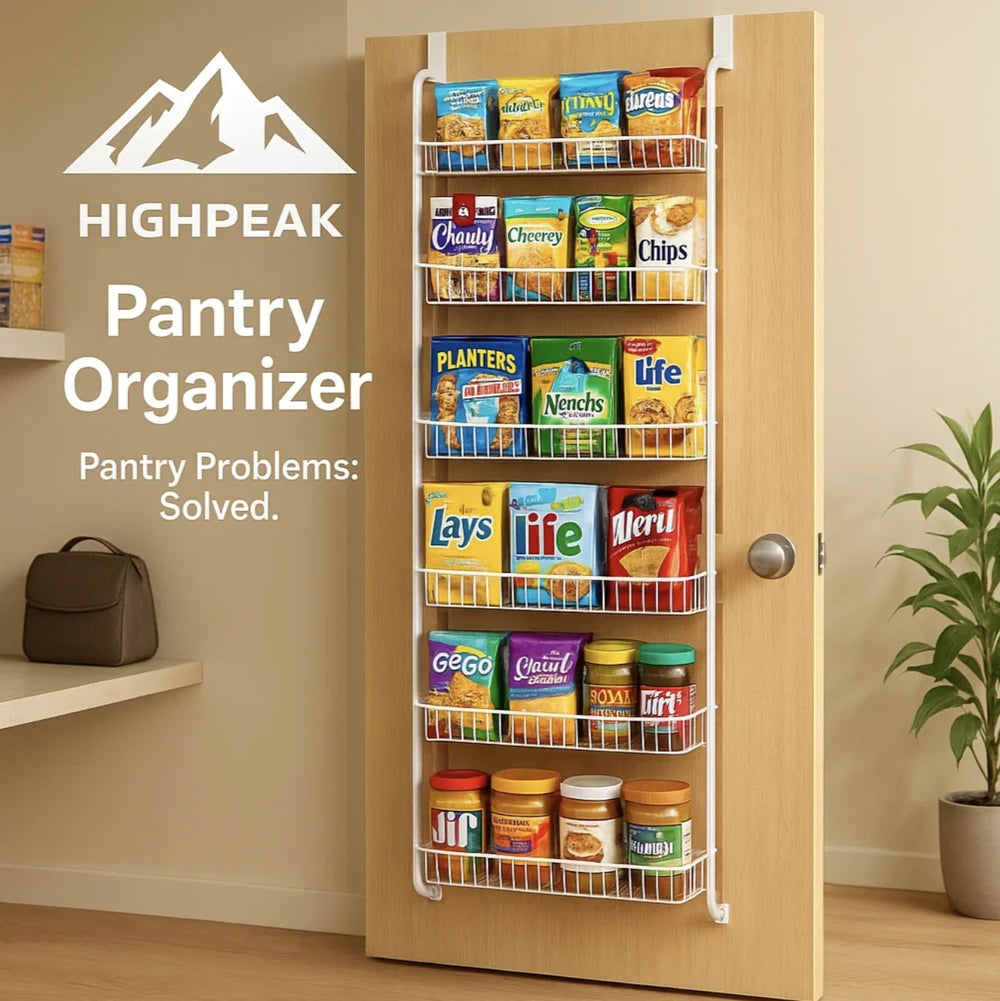 HighPeak Over the Door Pantry Organizer in white metal hanging on door with snacks and jars neatly stored